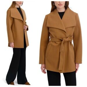 NWT Tahari Tan Camel Wide Collar Shawl Tie Belt Pea Wrap Coat Jacket Faux Wool S